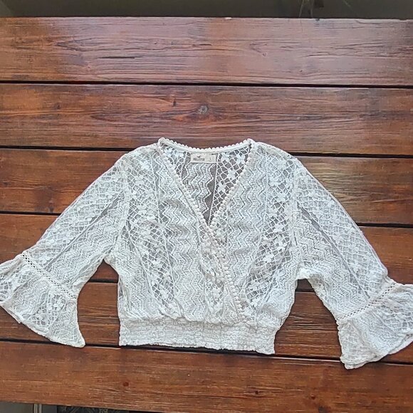 Hollister Tops - Hollister Lace & Crochet Boho Crop Top Bell Sleeves Festival Fairy Coquette Sz L